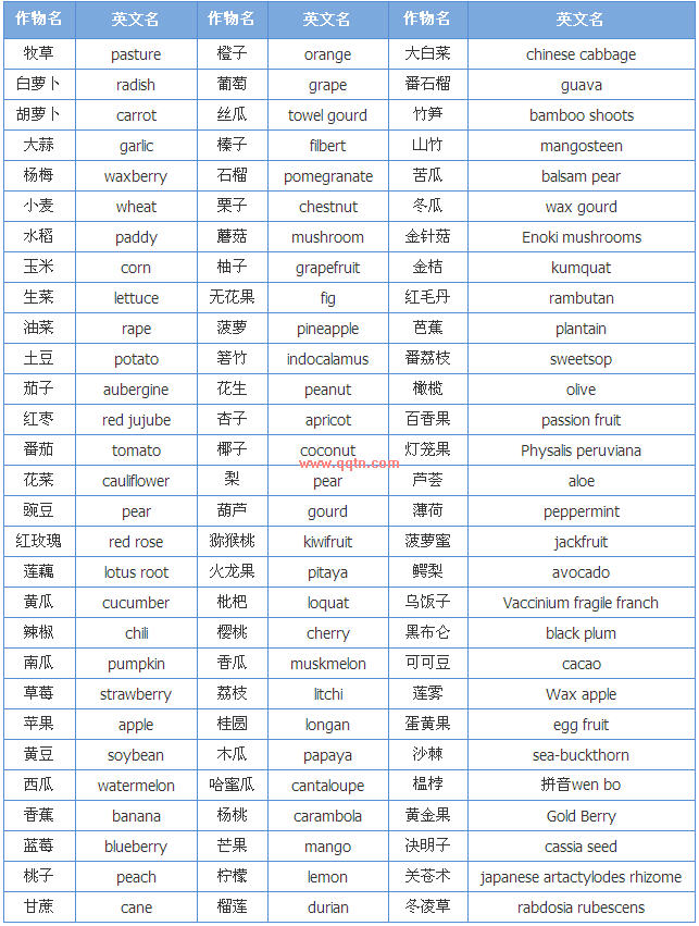 农场普通作物和红土地作物部分作物的英文名_